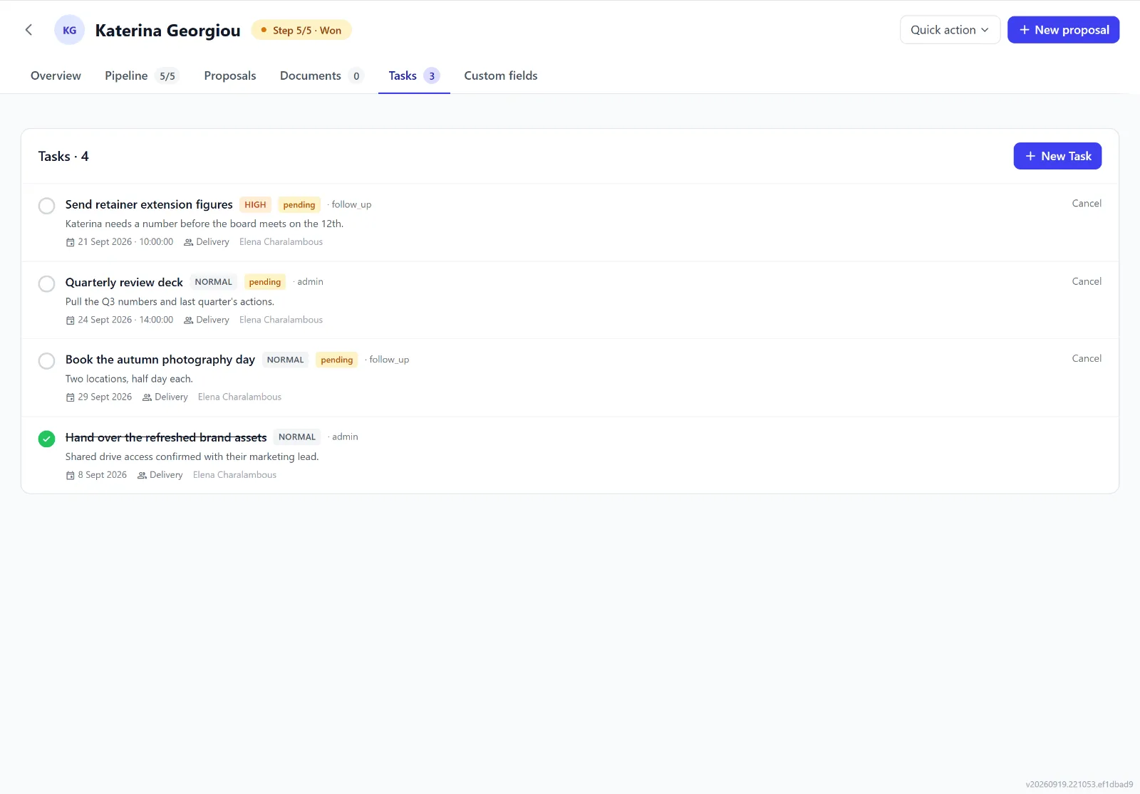 Tasks attached to an Intellayer contact record, alongside its pipeline, proposals and documents tabs (demo data)