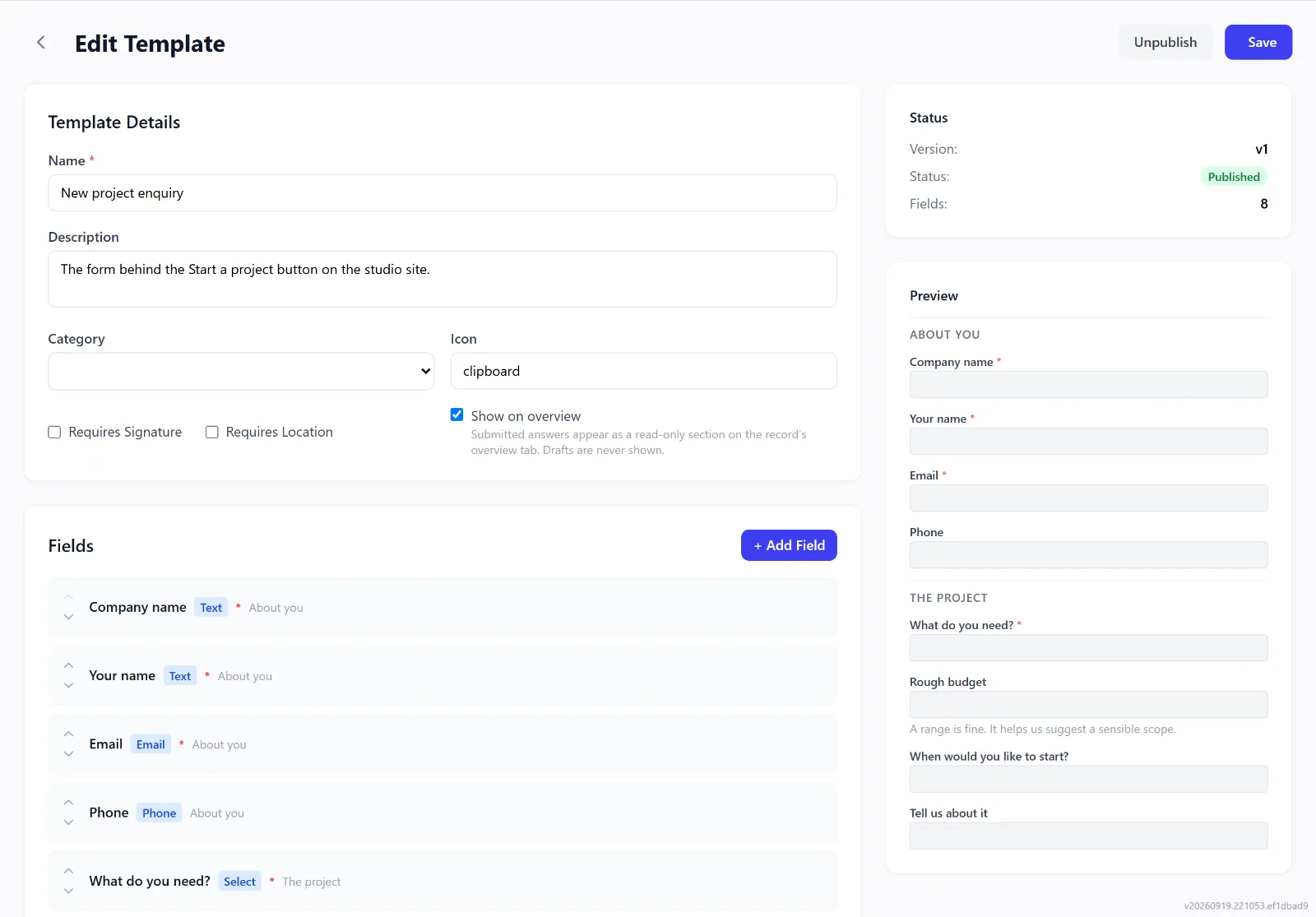 The Intellayer form builder editing an enquiry form field by field (demo data)