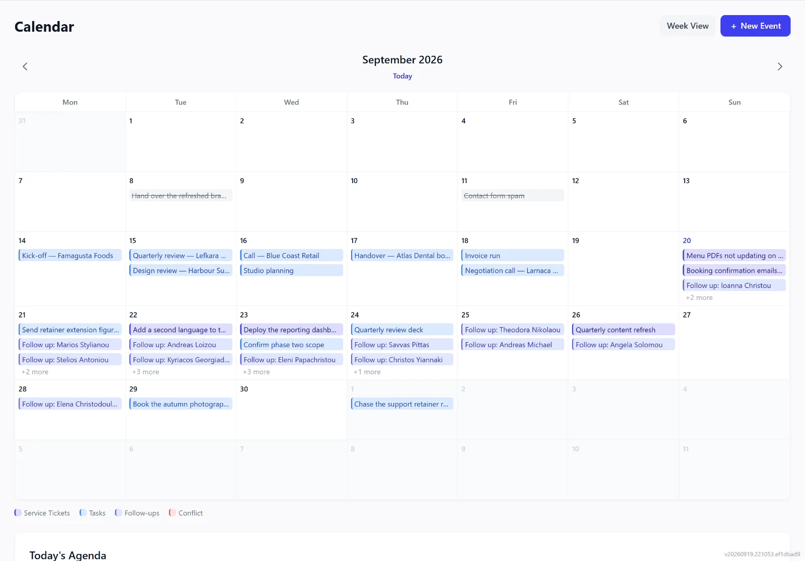 A week in the Intellayer shared calendar with meetings, tasks and scheduled visits (demo data)