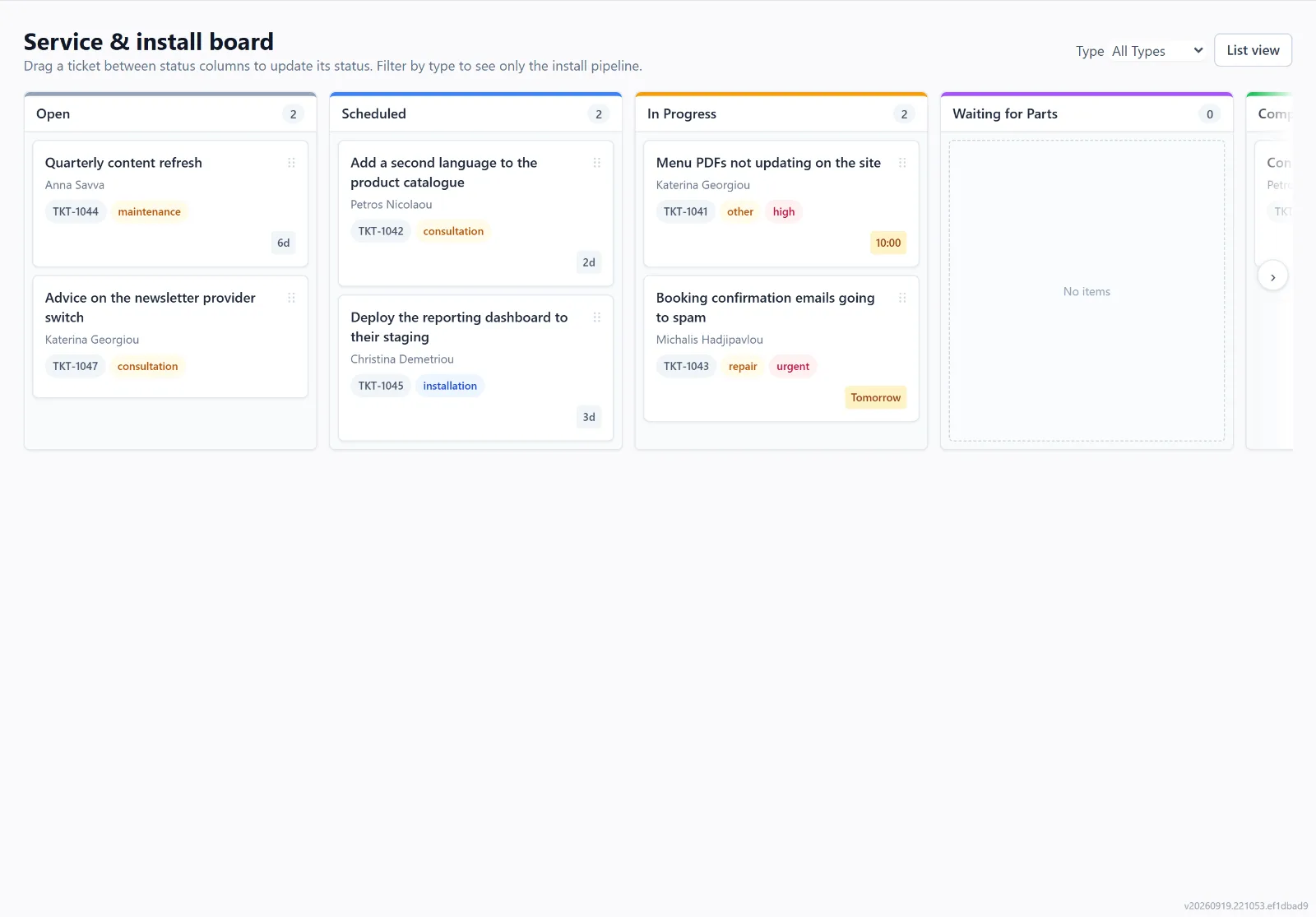 Scheduled work on the Intellayer service board, grouped by status with assignees and dates (demo data)