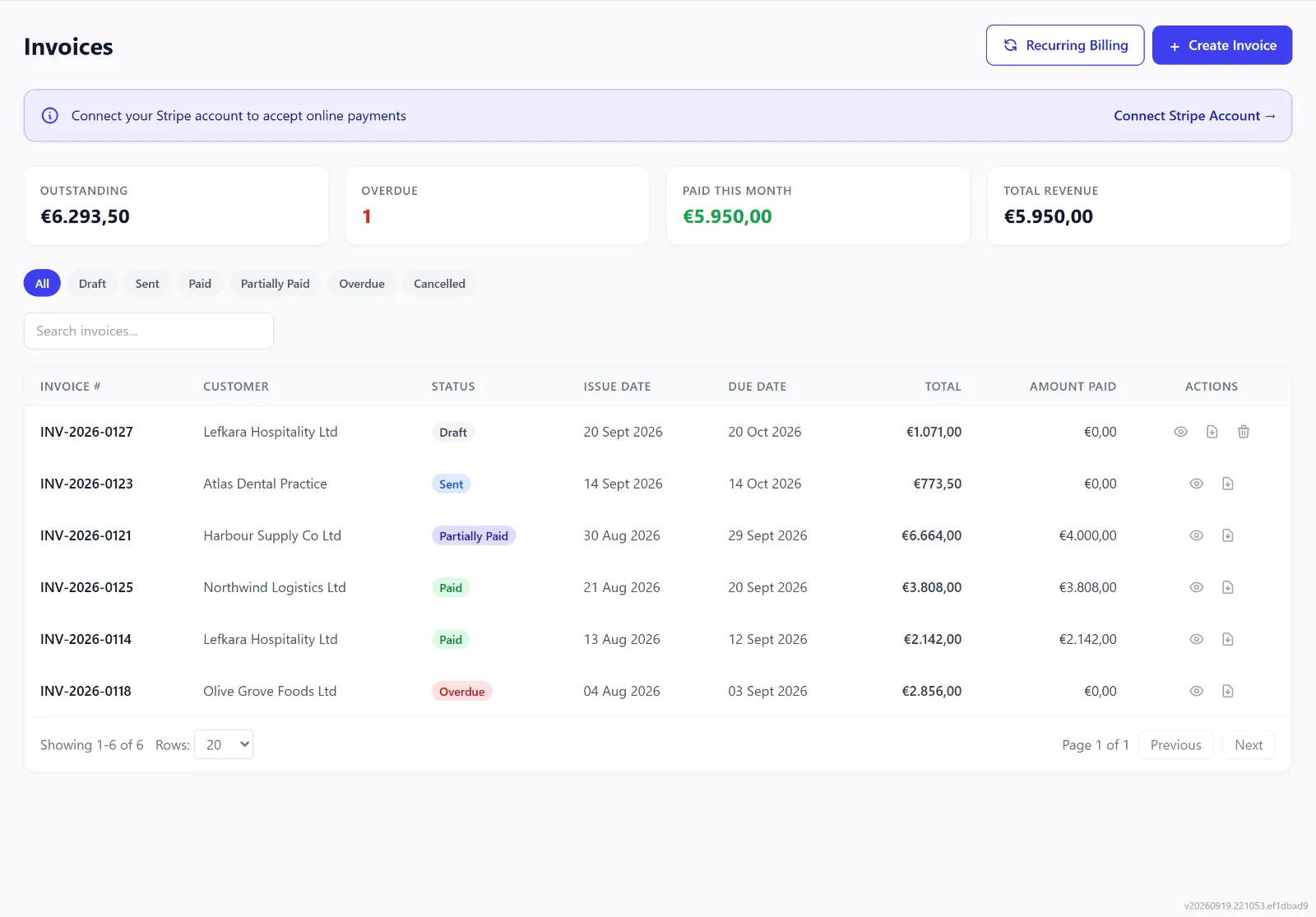 The Intellayer invoice list showing paid, due and overdue invoices together (demo data)