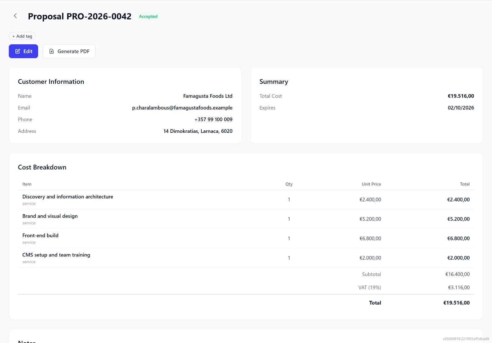 An accepted Intellayer proposal with its line items and total (demo data)