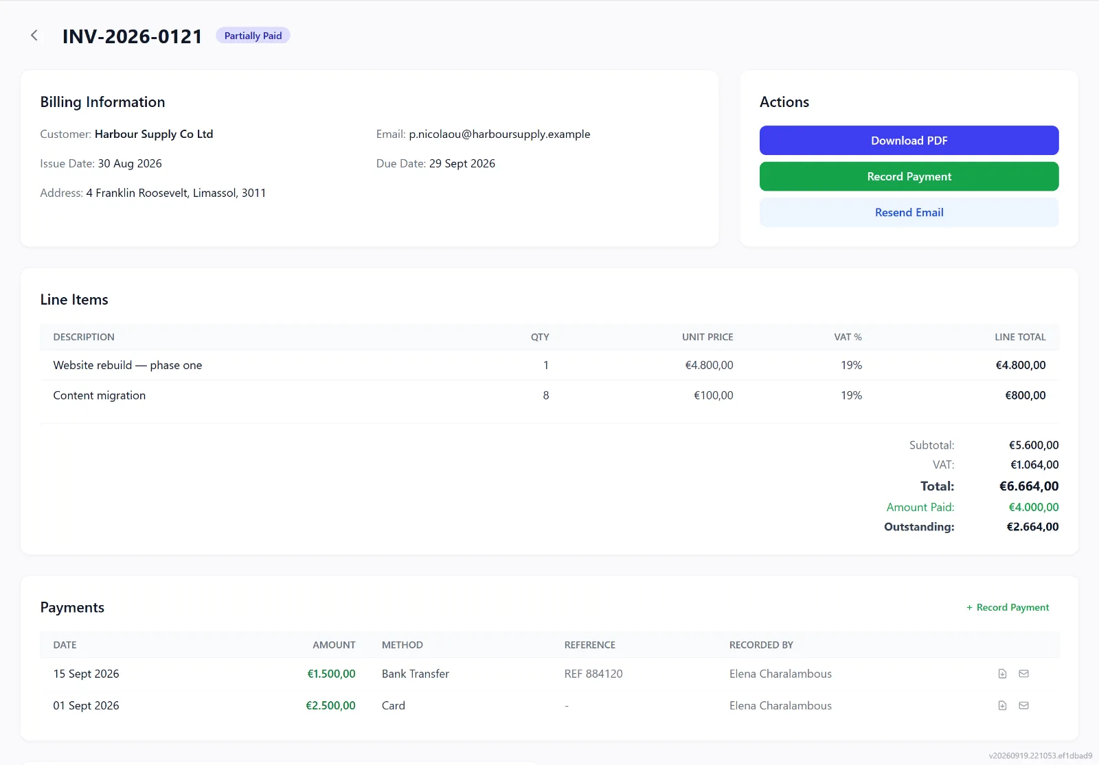 An Intellayer invoice with a card payment and a bank transfer recorded against the same balance (demo data)
