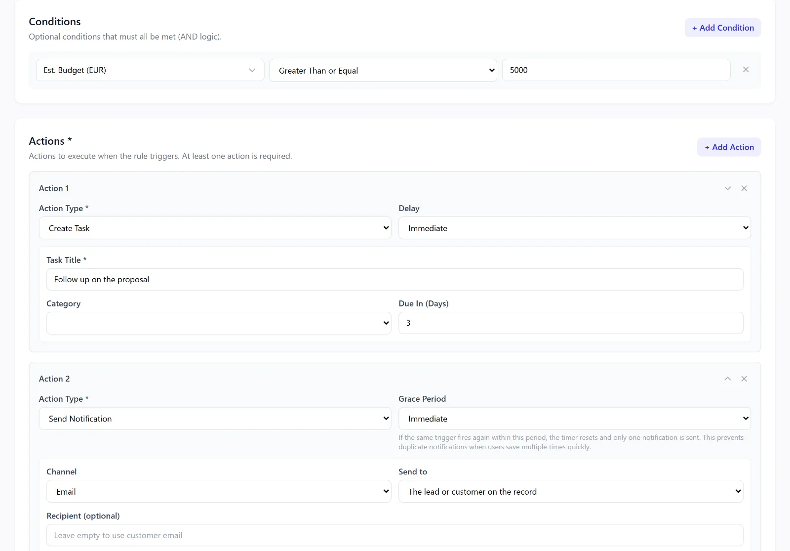 The Intellayer workflow editor: a stage trigger with a task and a notification as its actions (demo data)