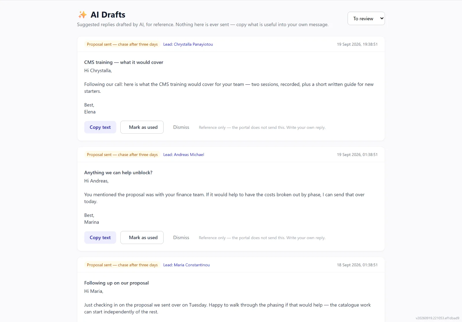 The Intellayer AI draft review queue, every draft still waiting for a person to review it (demo data)
